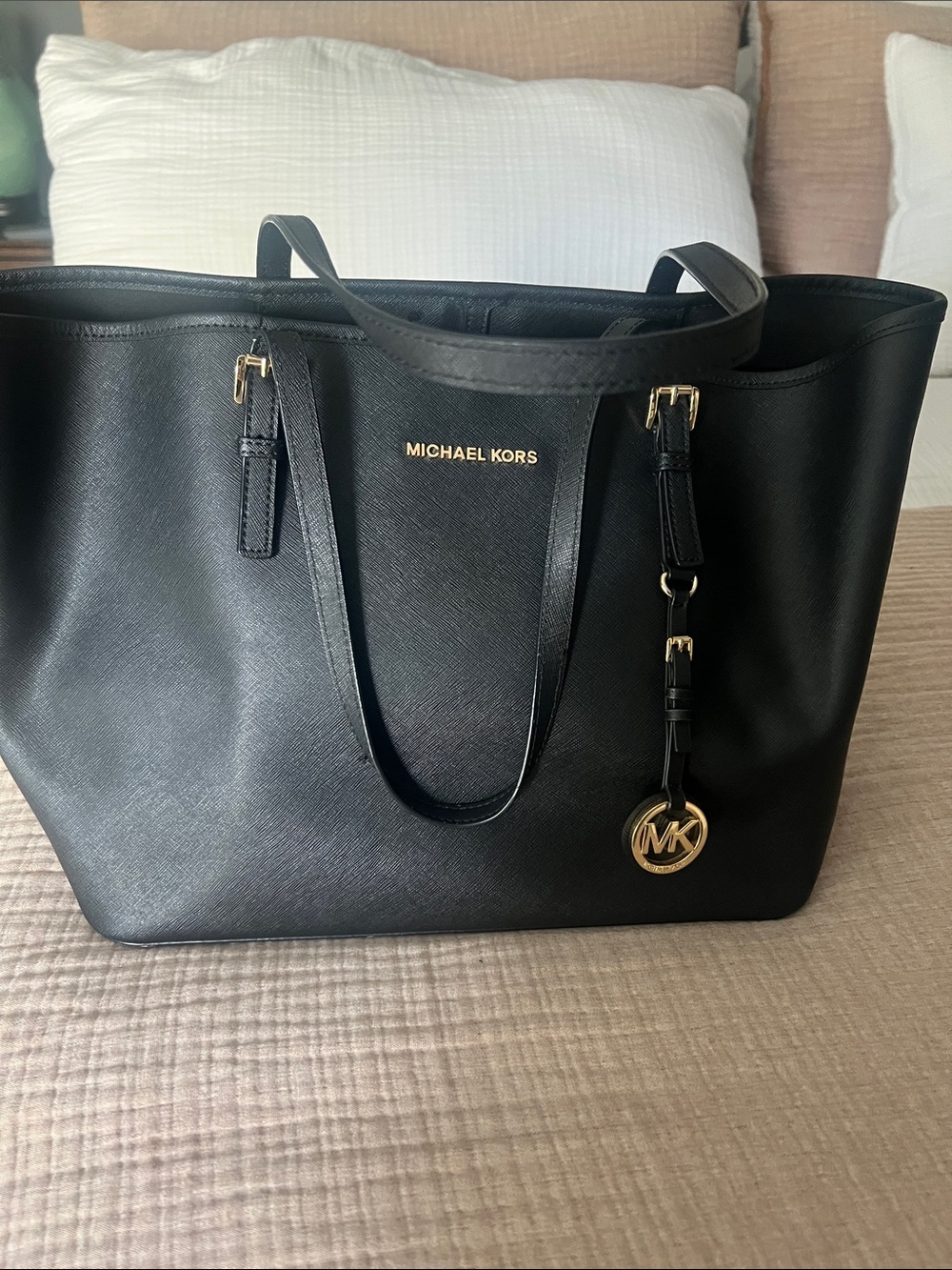 Michael Kors Black Leather Tote with Gold Accent